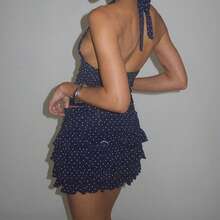 Coquette Vintage Polka Dot Halter Deep V Neck Ruched Top & Layered Ruffle Mini Skirt 2 Piece Set Y2K Going Out Beach Club Outfit - 藍色 - 查看 2