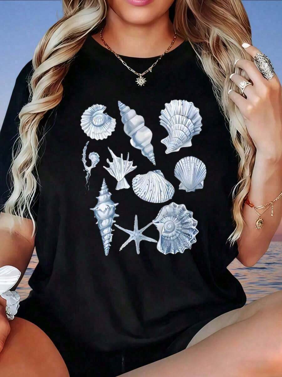Women's Loose Summer Shirt With Beach Print, Casual Short-Sleeved Blouse With Marine Life Design, Fun Prints, Suitable Gifts, Urban Vintage Style Women's Shirt, Unisex Loose Cotton Short-Sleeved Round Neck T-Shirt. - 黑色 - 查看 1