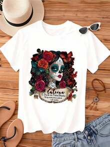 ropa de mujer Camiseta de cuello redondo para mujer, estampado de calavera de azúcar, rosa y mariposa, manga corta, estilo casual, para uso diario y festivales, camisas de mujer - Blanco - Ver 2