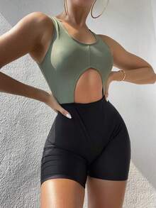 Nuevo traje de baño de una pieza con diseño de patchwork de color sólido y detalles calados. - Verde - Ver 11