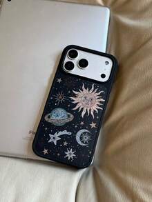 1pc,Retro Celestial Print Phone Case, Sun Moon & Stars Galaxy Design Shockproof Soft Cover For IPhone 16 15 14 13 Pro Max - Black - View 1
