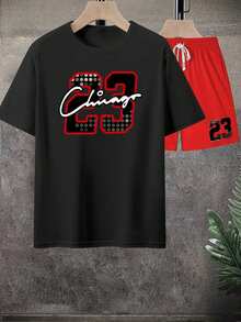 Conjunto de 1 pieza para hombre: camiseta de verano con estampado de letras y videojuegos y pantalones cortos con cintura ajustable y cordón ajustable. - Techo negro - Ver 2
