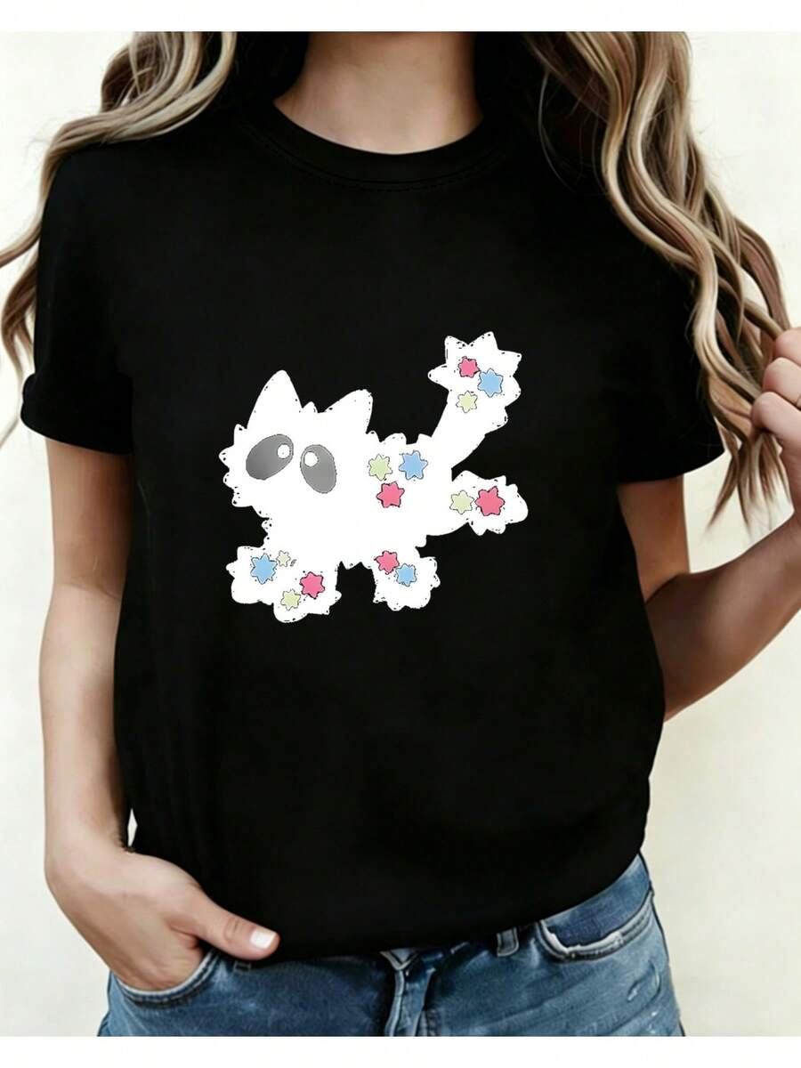 Women's Casual T-Shirt With Cat Print, Size S, Stylish, Comfortable, And Versatile, Perfect For Spring And Summer Looks. 01 Women's Printed Crew Neck T-Shirt, For All Seasons - Urban Vintage Style, Unisex, Loose Fit, Cotton, Short Sleeve. - 黑色 - 查看 1