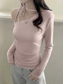 Blusa de manga larga de punto a lunares rosas, estilo coreano, con lazo en un hombro, adecuada para uso casual, en casa, calle y uso diario en primavera - Rosa - Ver 2
