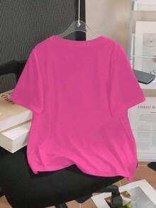 Camiseta ajustada casual de verano con bordado de letra para mujer - Rosa Fucsia - Ver 2
