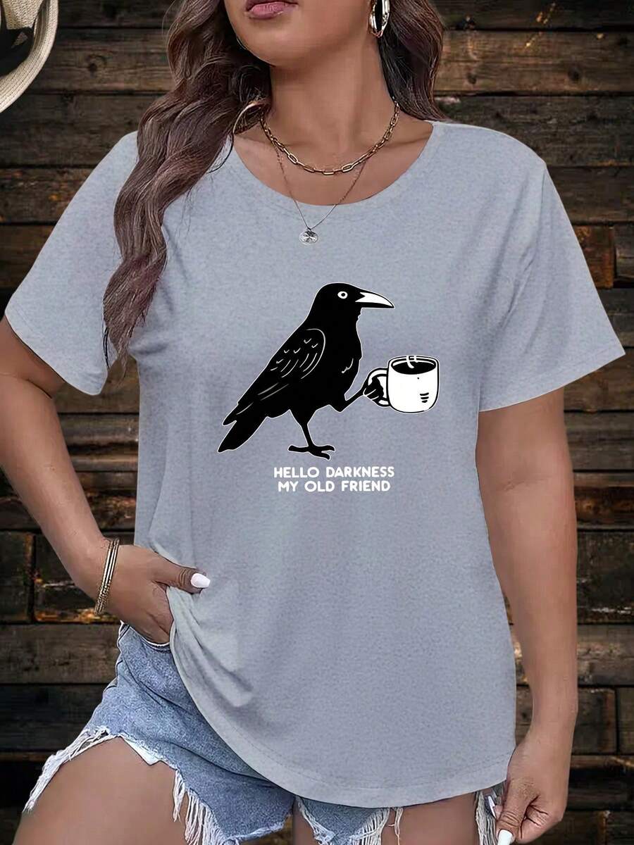 Plus Size - Plus Size - Trendy Oversized Short-Sleeve T-Shirt for Women Featuring a Popular Crow Print, Perfect for - Gris Claro - Ver 1
