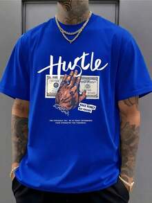 Cute Premium Unisex Casual T-Shirts, Men's 100% Cotton T-Shirt With 'Hustle' Calligraphy Slogan, 220g Thick Cotton T-Shirt For Men, Ideal For Christmas (1 Piece) - 藍色 - 查看 6