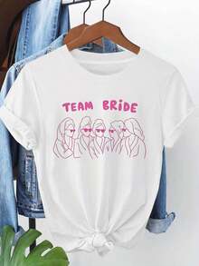 Camiseta de manga corta con cuello redondo y estampado de silueta de gafas de "" para mujer, top casual para fiestas y uso diario en primavera y verano. - Blanco - Ver 8