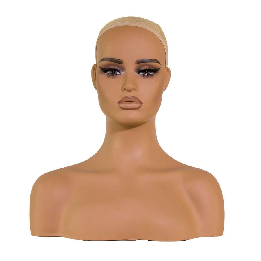 JINGFA Realistic Female Mannequin Head With Shoulders For Display - Manikin Head With Shoulder For Wig/Jewelry/Makeup/Hat/Sunglass Display - Apricot - View 1