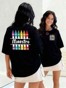 short-sleeveRound Neck Camiseta de mujer con crayones de arcoíris que forman un diseño vibrante, ideal para profesores y amantes del arte, 100% algodón para la máxima comodidad.100% Cotton Blusas Para Mujer Casual100% Cotton - Negro - Ver 1