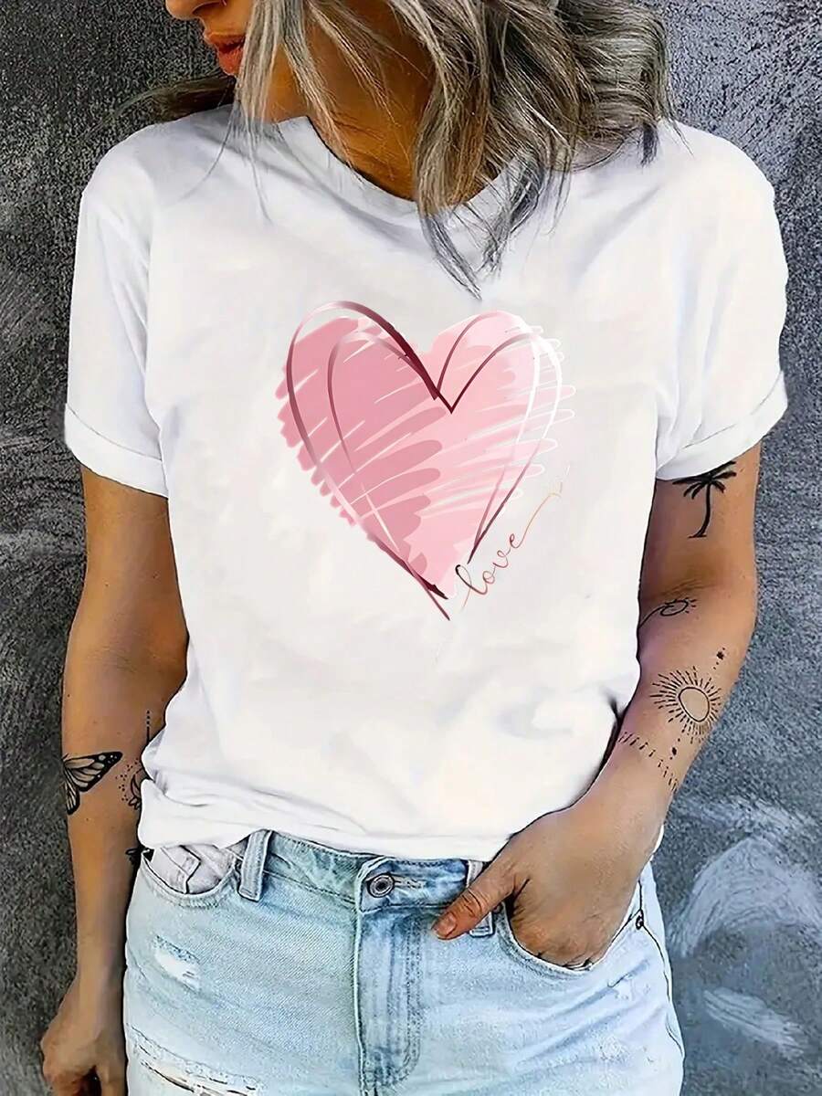 Fashion Wo Short Sleeve T-Shirt - Pink Heart Graffiti Print, Romantic And Cozy Design. Printed Design, Machine Washable, Comfortable Casual Crew Neck Top That's Easy To Match. Made From A High-Quality Blend, Suitable For Year-Round Wear. - 白色 - 查看 1