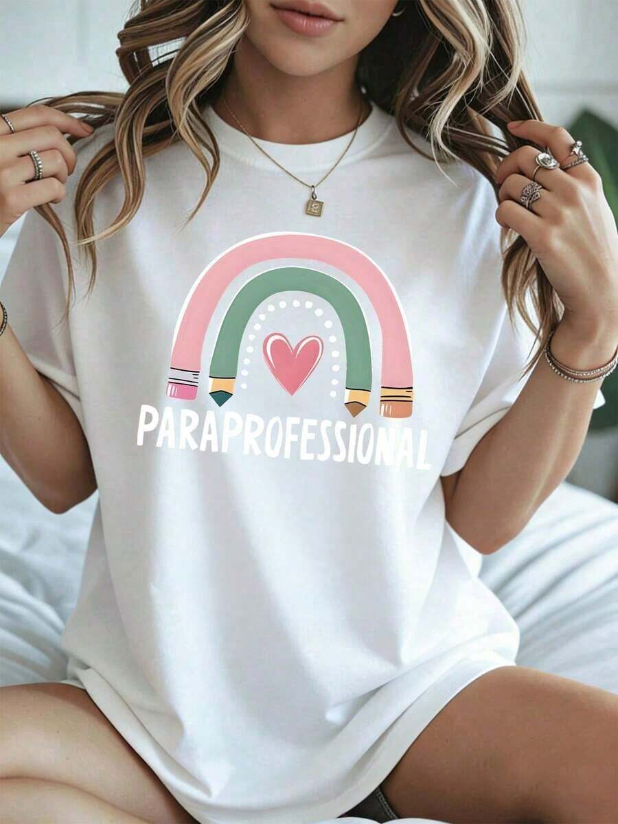 Elegant And Casual Women's Short-Sleeved White T-Shirt With Rainbow Heart Print, Casual Women's Clothing For The Summer And Spring Seasons. - 白色 - 查看 1