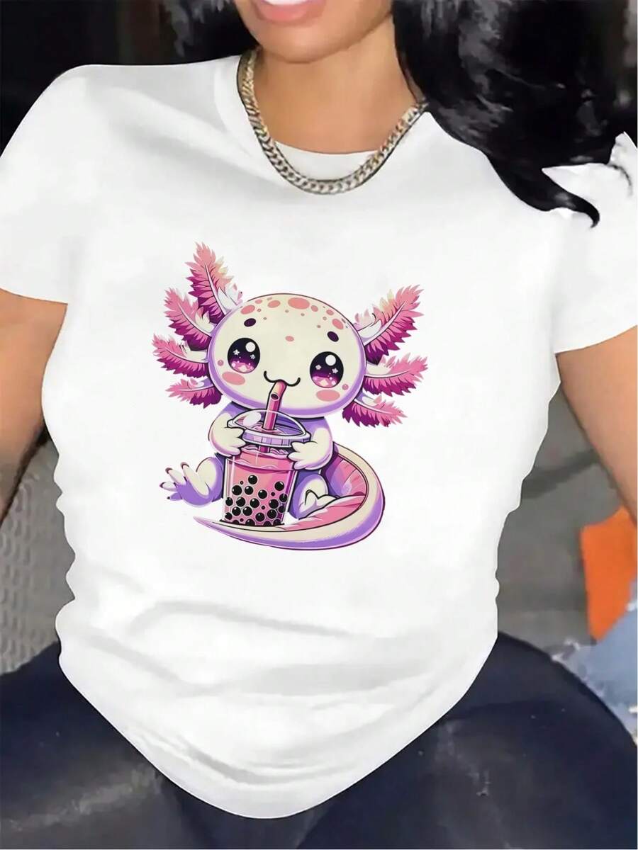 Women's Short-Sleeved T-Shirt With A Cute Design Of A Pink Water Tiger Drinking Milk Tea. | Lightweight Fabric, Suitable For Casual Wear At Home Or In A Cafe, Comfortable And Durable Design, Round Neck, Slightly Stretchy Fabric. - 白色 - 查看 1
