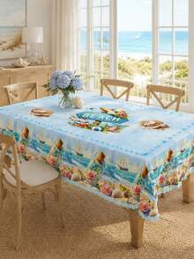 1 Piece Of Summer Beach Starfish Shell Patterned Tablecloth, Polyester Tablecloth With Fan-Shaped Edges, Suitable For Terraces, Kitchenware, Beach Parties, Wedding Decorations, Swimming Pool Parties, Tropical Home Decor, With A Nautical Theme Wallpaper. - Multicolor - View 8