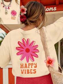 Camiseta de Mujer con Estampado Happy Vibes, Nueva Colección Verano 2026, Suave y Cómoda, Adecuada para Uso Durante Todo el Año, Hecha de Algodón Puro con Mangas Cortas. - Albaricoque - Ver 6
