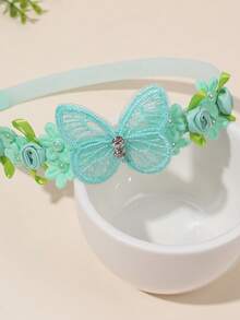 1pc Green Flower & Butterfly Headband, Delicate Rose Mesh Butterfly Decor Hair Hoop, Spring/Summer Girls & Teens Hair Accessory, Suitable For Daily Wear - Green - View 4