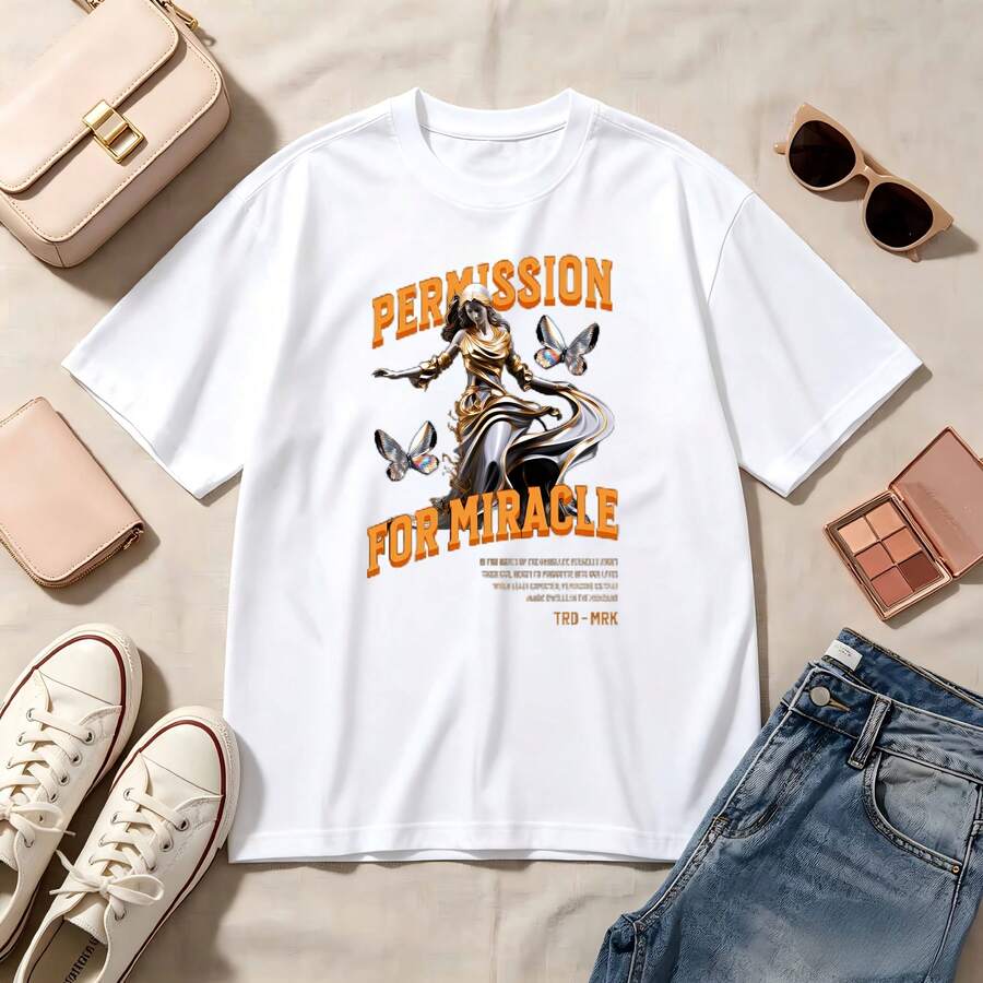 Retro, Permission For Miracle Graphic, 100% Cotton, Oversized, Soft Breathable, Casual Crewneck, Short Sleeve Top, Streetwear, Summer Vibes, Edgy, Aesthetic, Women's Fashion - 白色 - 查看 1