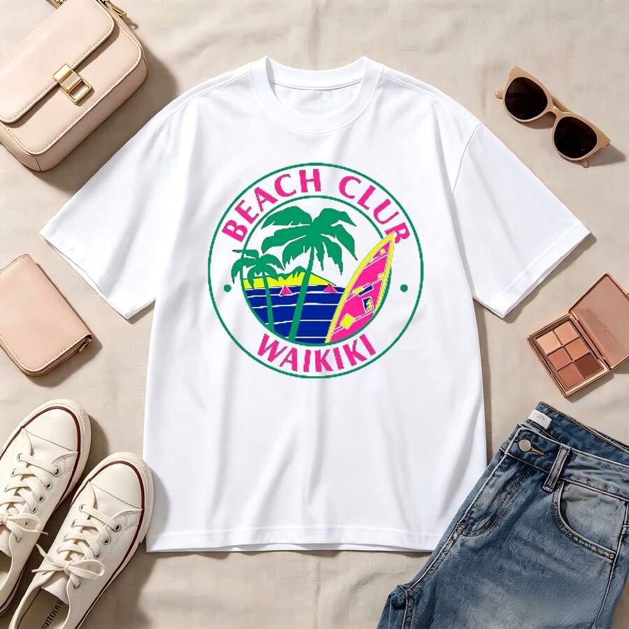 Retro Beach Club Waikiki, 100% Cotton Oversized Soft Breathable Casual Crewneck Short Sleeve Top, Summer Vibes Streetwear Aesthetic - Blanco - Ver 1