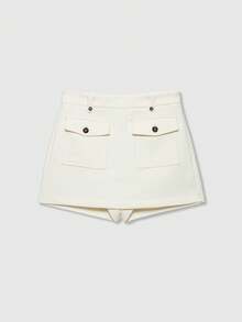 Falda pantalón de unicolor, casual y versátil, con bolsillos, de estilo retro francés para el verano - Beis - Ver 1