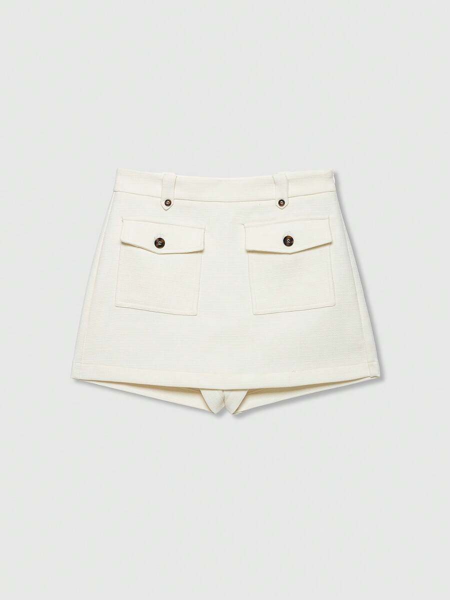 Falda pantalón de unicolor, casual y versátil, con bolsillos, de estilo retro francés para el verano - Beis - Ver 1