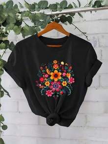 Floral Print Short Sleeve T-Shirt, Round Neck Top For Women, Casual T-Shirt, Suitable For Daily Wear In Spring/Summer, Women's Clothing. - 黑色 - 查看 7
