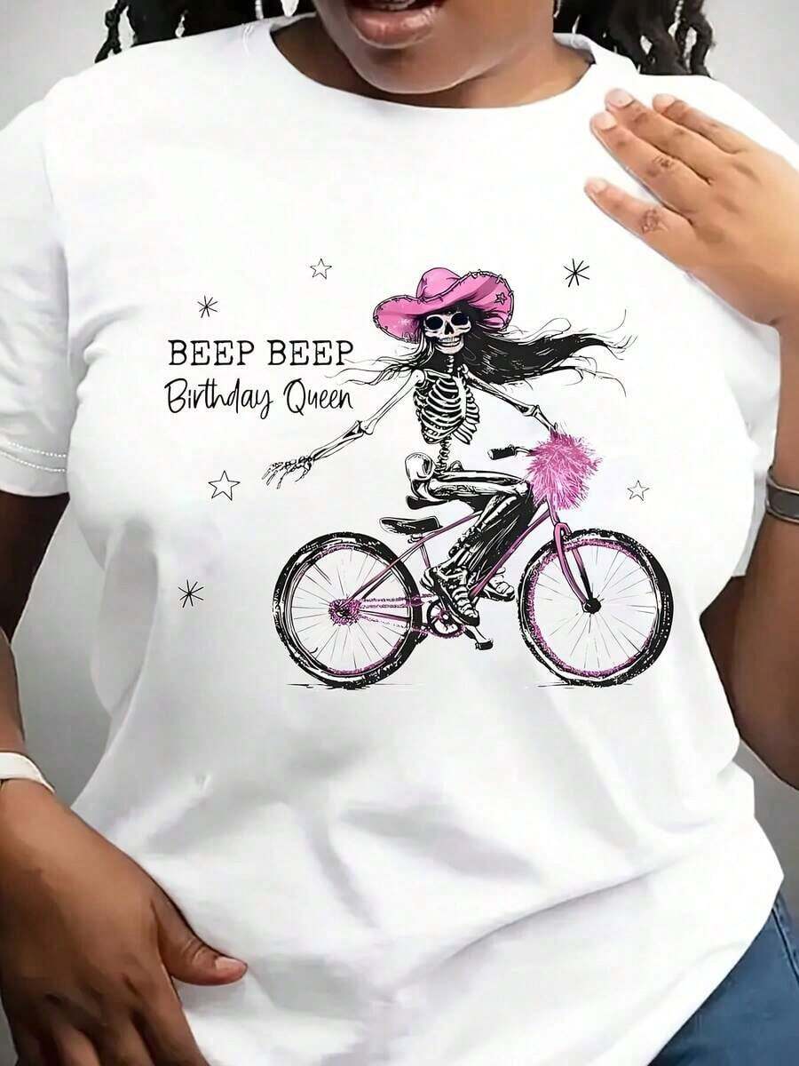 Camiseta con Estampado 'Reina de Cumpleaños' para Mujer de Talla Grande, Camiseta de Cumpleaños, Camiseta Casual de Manga Corta con Cuello Redondo, Adecuada para el Verano, Ropa de Fiesta, Camiseta con Diseño Divertido, Perfecta como Regalo de Cumpleaños - Blanco - Ver 1