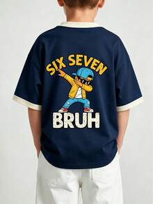 Boys Cartoon Dabbing Graphic Contrast Cuff Short Sleeve Tee - Navy Blue - View 7