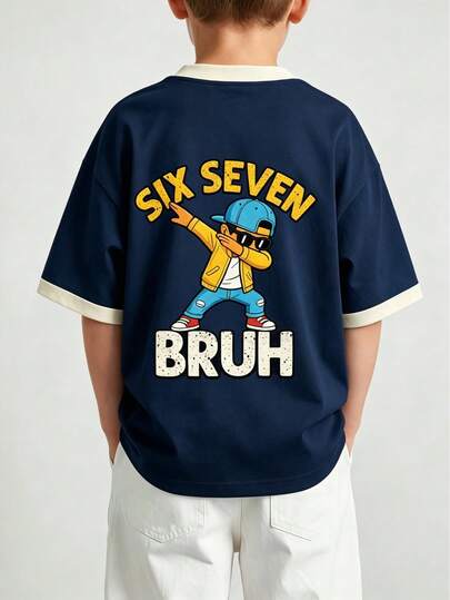 Boys Navy Ringer T-Shirt, "SIX SEVEN BRUH" Dab Dance Cartoon Graphic Short Sleeve Tee For Kids