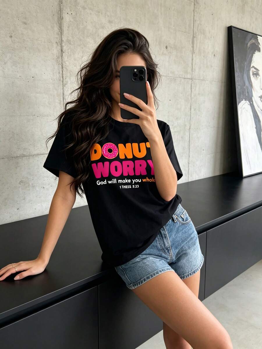 No te preocupes, Dios te sanará - Camiseta divertida para amantes de los donuts |   Tallas S-5XL, unisex, manga corta de verano, cuello redondo, tela ligeramente elástica, corte regular, estilo vintage, adecuado para todas las estaciones, con diseños estampados. - Negro - Ver 1