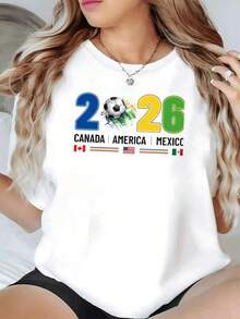 Número 2026 con balón de fútbol y colores vibrantes que simbolizan la unión deportiva entre países norteamericanos transmitiendo energía pasión y espíritu competitivo camiseta de mujer casual cómoda para fanáticas del torneo mundial - Negro - Ver 1