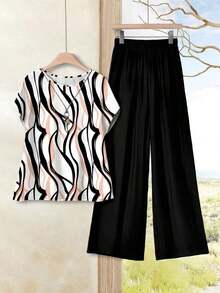 2 piezas Conjunto ajustado de mujer con estampado geométrico de bloques de color, adecuado para primavera y verano, apropiado para salir, casual - Multicolor 5 - Ver 1