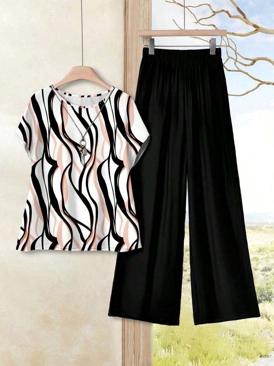 2 piezas Conjunto ajustado de mujer con estampado geométrico de bloques de color, adecuado para primavera y verano, apropiado para salir, casual - Multicolor 5 - Ver 1