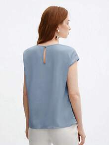 Blusa de satén de corte holgado con mangas acampanadas para mujer, elegante y versátil para ocasiones urbanas románticas, formales, de viaje, como invitada de boda, cumpleaños, casual de negocios, citas, aeropuerto, regreso a clases, uso en la ofi - Celeste - Ver 6