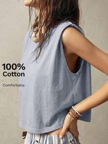 Top sin mangas de cuello redondo para vacaciones de mujer - Azul - Ver 1