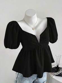 Blusa casual elegante de mujer con cuello en V profundo y plisado en color rojo - Negro - Ver 7
