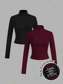 2 piezas Conjunto versátil de ropa deportiva de punto blanca y negra para yoga y fitness, camiseta de manga larga con cremallera y bordado gráfico de letras, elegante para otoño/invierno - Multicolor 3 - Ver 12