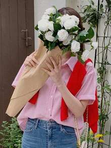 de manga corta con cuello de solapa bordada con lazo, para primavera y verano - Rosa - Ver 3