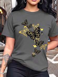 Luxury Women's T-Shirt, Round Neck, Short Sleeve, White, With Black And Gold Butterfly Print, Casual Polyester Top C6DE - 深灰色 - 查看 2