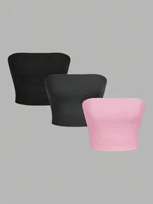 Set de 3 tops cortos ajustados de unicolor minimalista para mujer, apropiados para el verano - Multicolor 6 - Ver 11