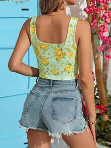Top corto de punto con estampado de vacaciones para mujer - Verde - Ver 2