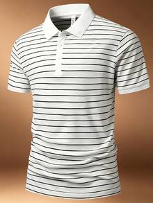 男士夏季條紋 Polo 衫｜領口短袖休閒上衣，適合海灘、高爾夫、戶外、日常與街頭運動穿著 - 黑與白 - 查看 3
