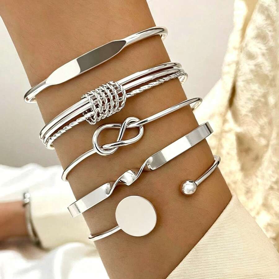 5件套不锈钢极简链条手链，时尚金色混色打结开口手镯，适合婚礼、派对、音乐节、节日佩戴 - 銀色 - 查看 1