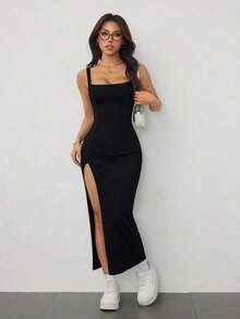 Vestido largo ajustado de mujer con abertura alta, de punto acanalado elástico y tirantes anchos, atuendo de vacaciones para mujer - Negro - Ver 8