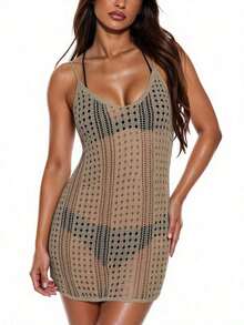 Vestido cover up tejido con abertura sin bikini - Caqui - Ver 5