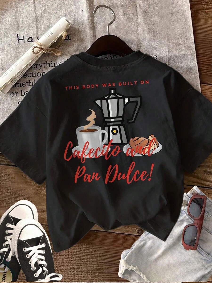 Camiseta Casual de Primavera/Verano para Mujer Estampado de cafetera y taza estilo ilustración, manga corta, cuello redondo - Negro - Ver 1