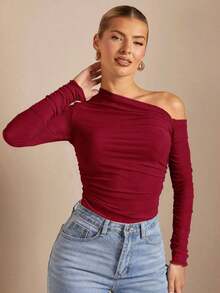 Camiseta de manga larga con cuello asimétrico plisado, ajustada, en color liso, para mujer, para primavera/otoño - Burdeos - Ver 8