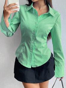 Camisa de manga larga casual a rayas que ciñe la cintura, apta para primavera/verano/otoño, tops de manga larga - Verde - Ver 6