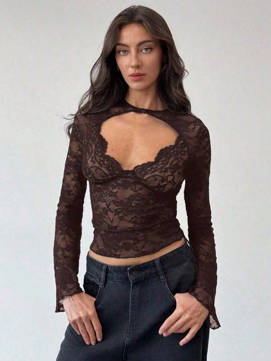 Blusa de manga larga con cuello en V profundo, transparente y con detalles de encaje negro para mujeres - Café integral - Ver 1