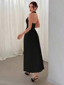 Conjunto de chaleco sin mangas con botones y falda plisada para mujer en otoño/invierno, 2 piezas - Negro - Ver 2
