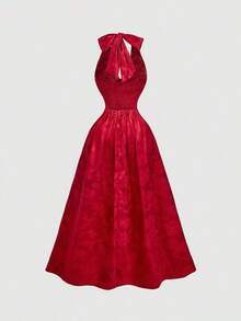 Vestido de mujer de moda con estampado total, cuello halter y lazo en la cintura, de largo medio - Rojo - Ver 2
